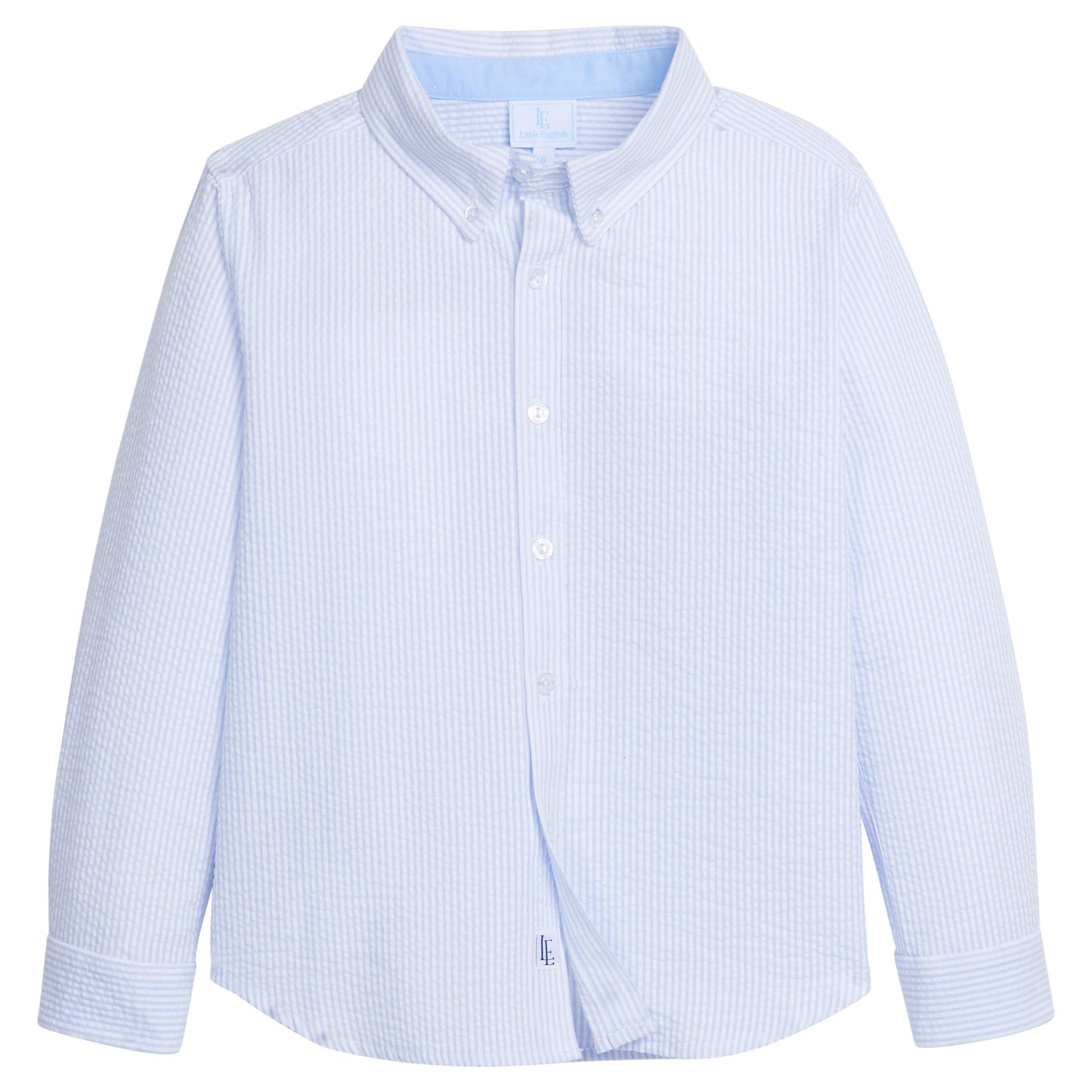 button down/ light blue stripe seersucker