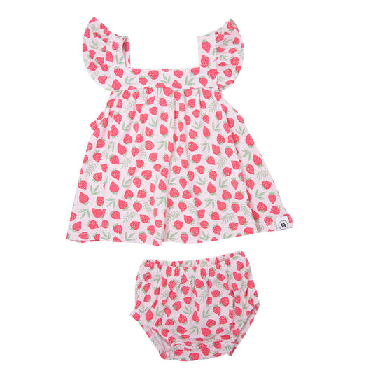 Ruffle Romper Ruffle Dress & Bloomer - Strawberry- Polka Dot Pink