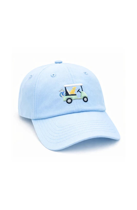 baseball hat/dog in golf cart