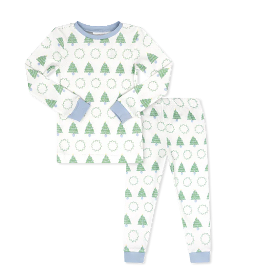 Sweet Pea PJ Set-Oh Christmas Tree, Park Blue